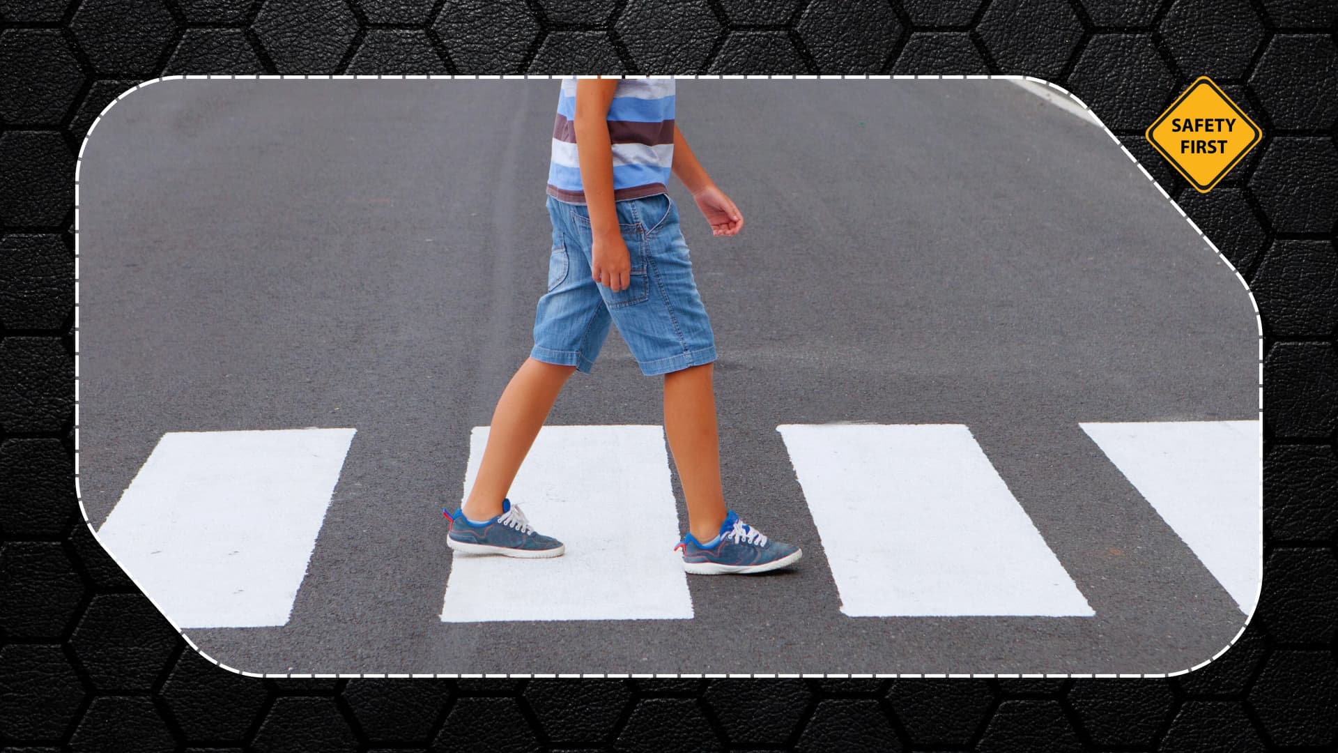 Important road safety habits parents must teach their children at home Child walking safely across a zebra crossing, demonstrating basic pedestrian road safety habits.